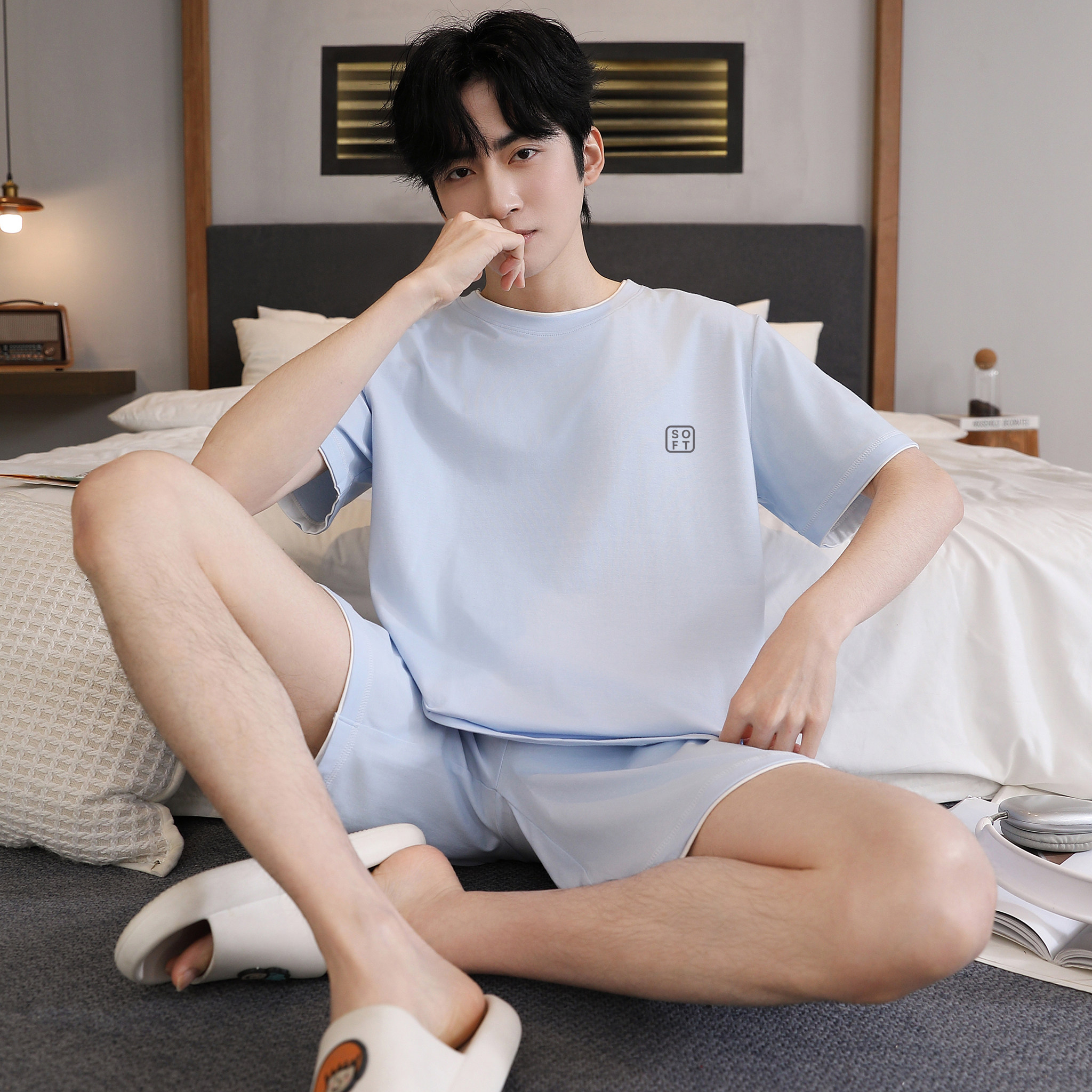 青少年男士纯棉睡衣夏季短袖短裤家居服套装可外穿抗菌