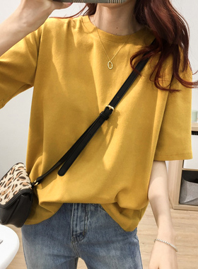 ins纯棉2021夏新款纯色宽松chi休闲半袖百搭学生百搭短袖t恤女潮