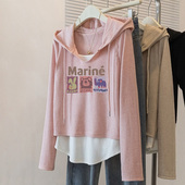 韩系chic秋冬粉色连帽卫衣女V领潮ins大码 假两件打底衫 慵懒风上衣