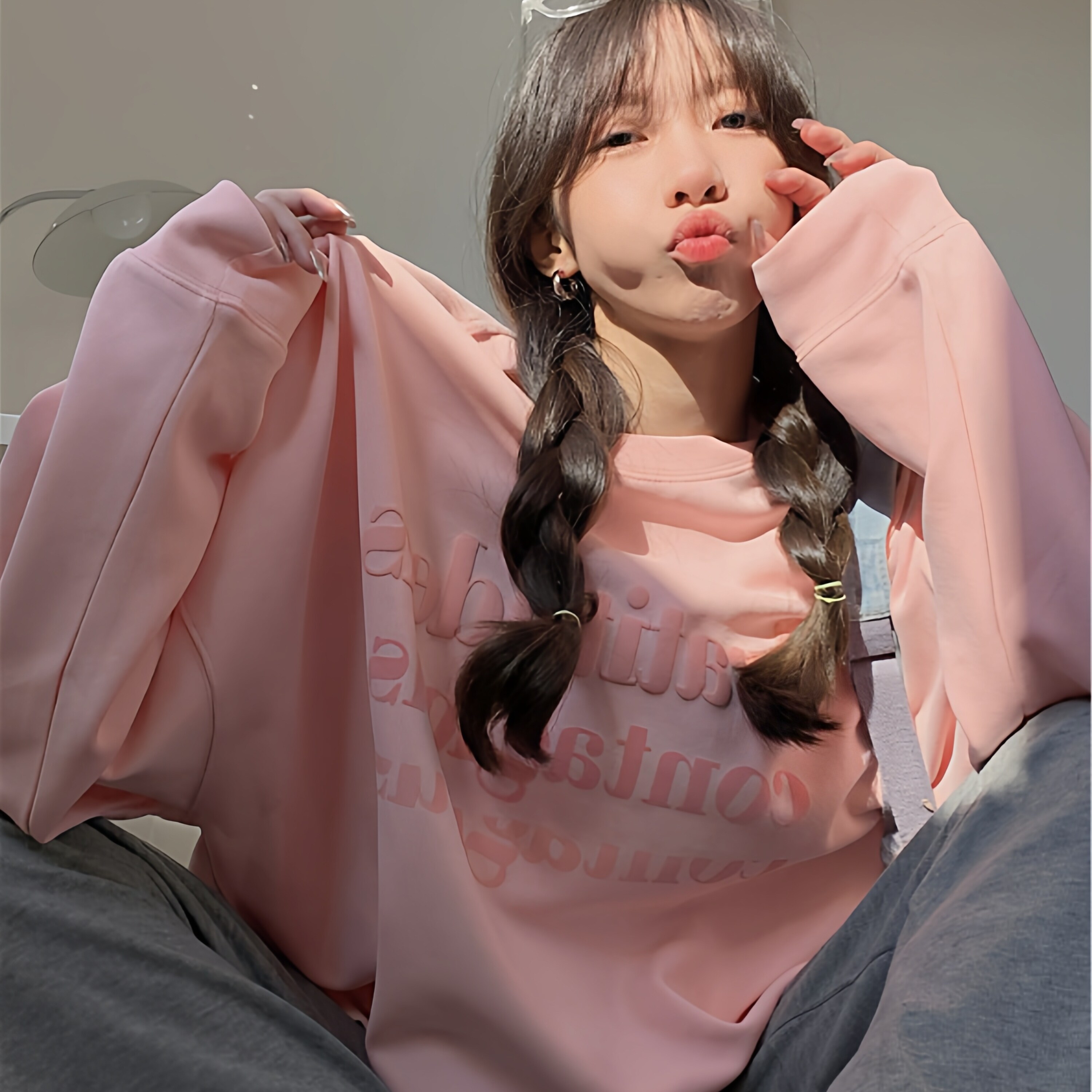 欧美风oversize巨好看的粉色无帽卫衣女洋气宽松内搭加绒加厚外套,女装/女士精品,卫衣/绒衫,淘宝优惠券,粉丝福利购,淘宝优惠卷