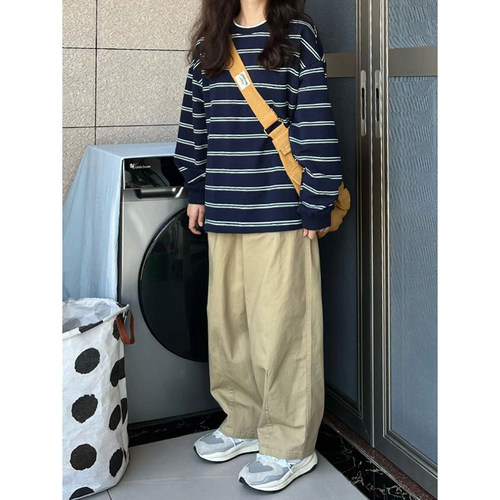 chic韩版条纹t恤女大码宽松长袖打底衫潮牌ins秋冬款复古内搭上衣 - 封面