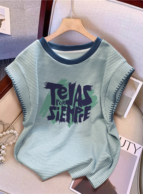 超火cec条纹t恤甜酷女设计感独特短袖大码胖mm欧货上衣洋气小衫潮