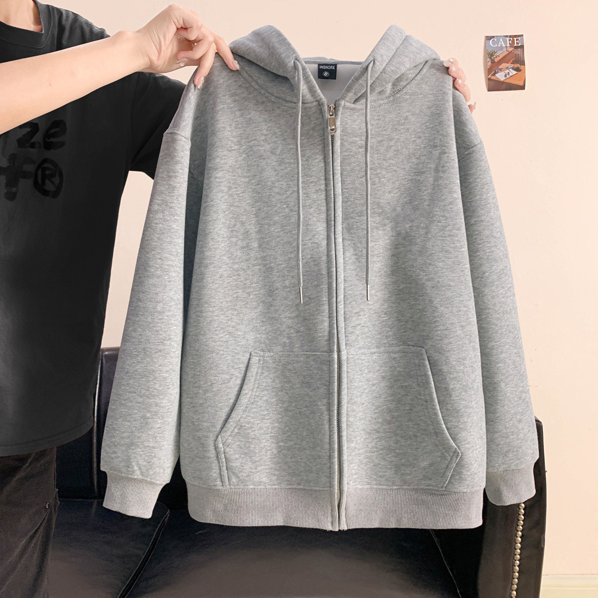 街头风加绒连帽卫衣女拉链开衫