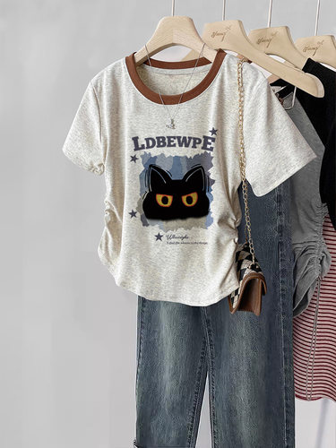 短袖短款修身韩系chic猫咪印花潮