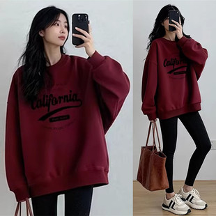 hiphop加绒多巴胺独特漂亮无帽卫衣女爆款 小个子红色圆领上衣ins