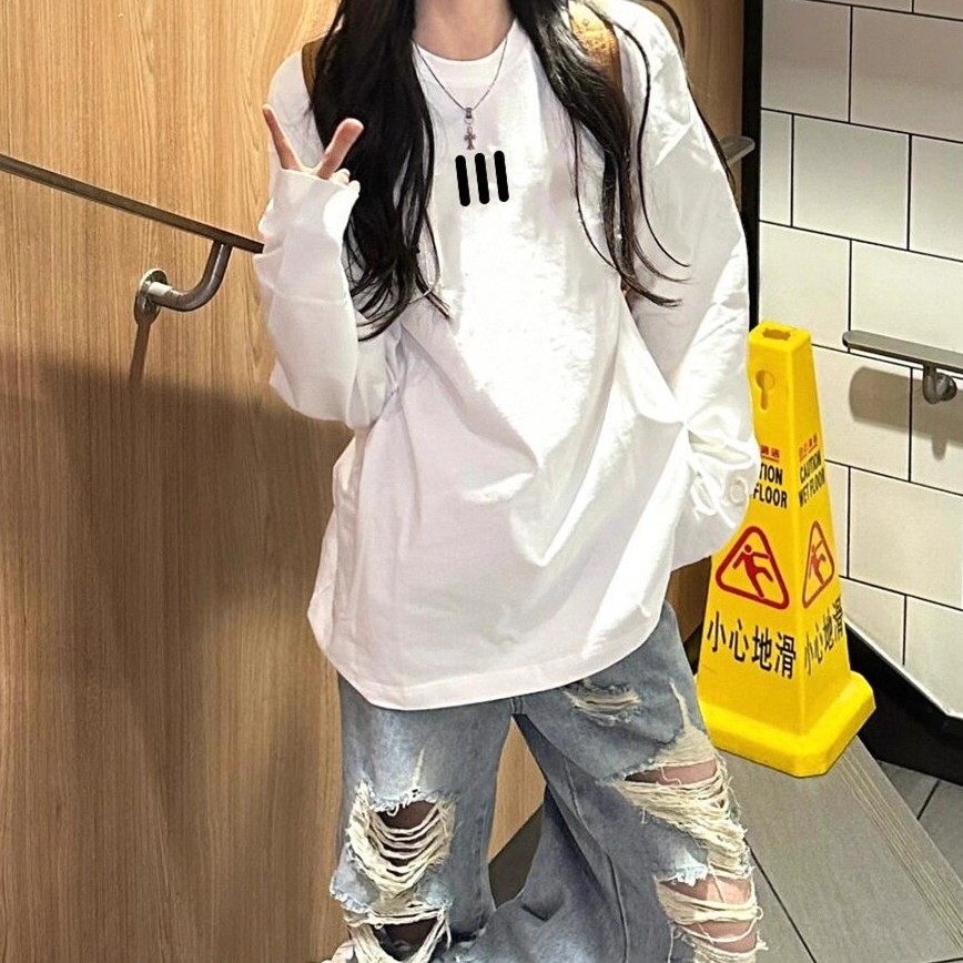 hiphop宽松三条杠白色长袖T恤女