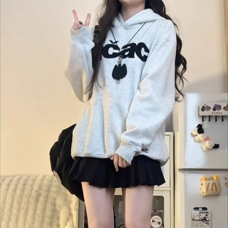 美式复古街头风字母连帽卫衣女