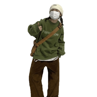 韩风chic大码绿色卫衣女炸街hiphop潮牌加绒加厚长袖上衣ins秋冬