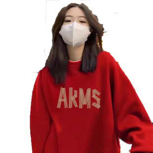 vintage古着宽松套头卫衣女新年红色加绒外套ins大码休闲冬季上衣