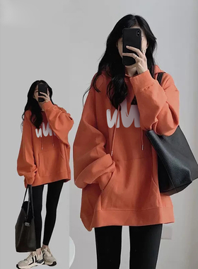 韩国东大门橙色中长款卫衣女秋冬连帽ins潮牌加绒设计感外套上衣