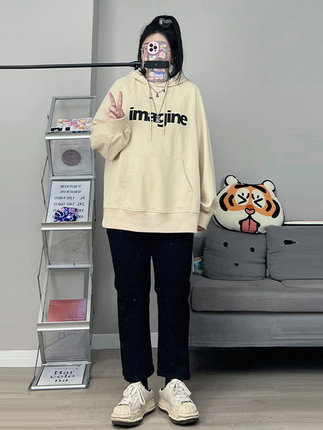 超火cec卡其炸街连帽卫衣女vintage宽松慵懒风加绒外套潮ins上衣