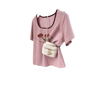 韩系chic别致小上衣短款方领设计感甜辣风T恤女ins正肩大码短袖夏