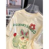 chic纯棉宽松小清新甜美上衣夏季 t恤女ins潮韩版 复古减龄短袖 大码