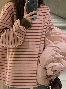 速发粉色条纹2长袖T恤ch宽松内搭2底少春装新款打0衫装潮