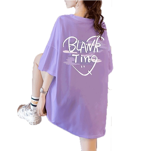 胖mm设计感紫色短袖女T恤夏oversize大码宽松纯棉复古半袖ins上衣