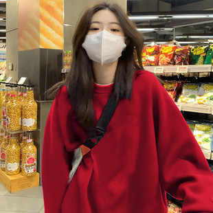 大码美式复古红色圆领卫衣女新年好运穿搭宽松加绒长袖外套上衣潮