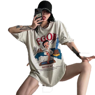 美式vintage复古大码t恤女纯棉潮牌古着短袖ins2022新款夏季上衣