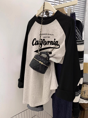 长袖高级感撞色插肩袖t恤上衣