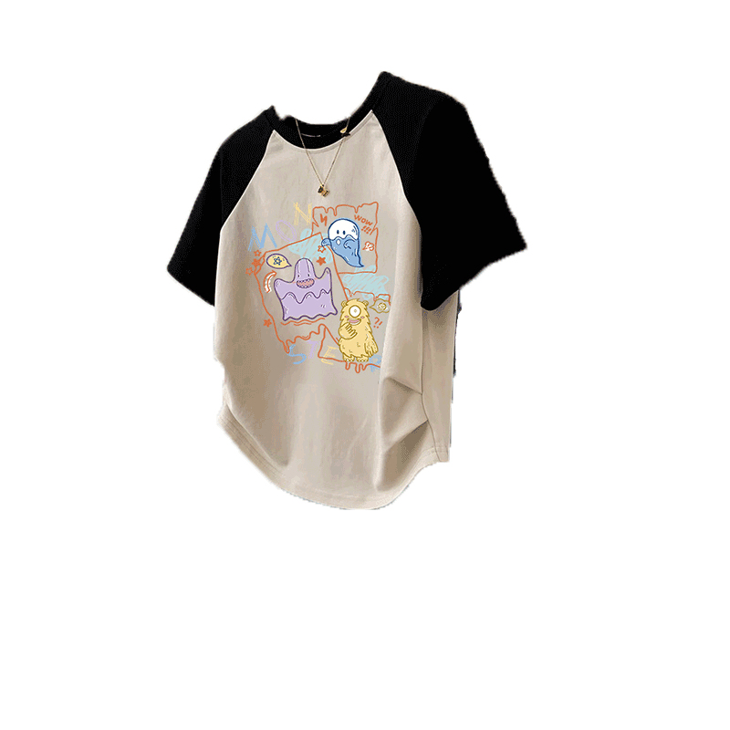 复古卡通短款上衣女撞色设计感正肩短袖ins潮大码修身T恤打底衫夏