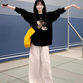 大码 减龄上衣ins 复古chic爆款 胖mm趣味涂鸦正肩长袖 T恤女独特美式