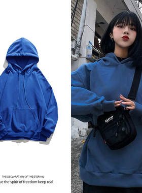 速发风街蓝色卫衣宽松bf慵懒炸gitave连帽秋冬外套加厚ch潮