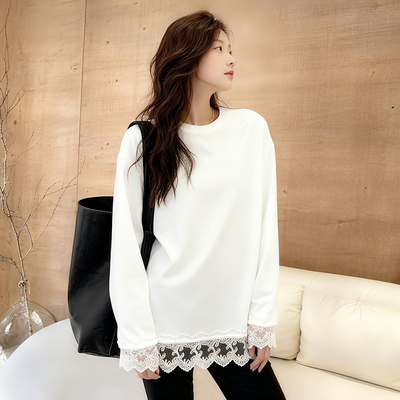 大码中长款遮屁股蕾丝长袖t恤女