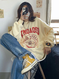 复古chic港风大码 小众无帽卫衣女加绒潮牌ins休闲慵懒风秋冬上衣