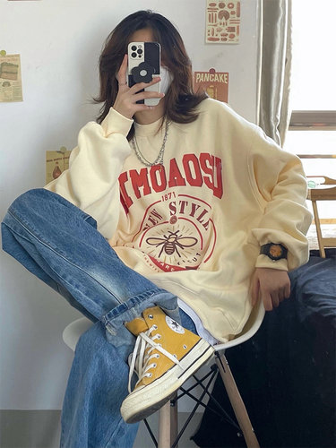 复古chic大码加绒慵懒风卫衣女