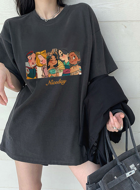 灰色t恤女美式复古潮牌短袖hiphop大码纯棉ins酷夏季洋气大码上衣