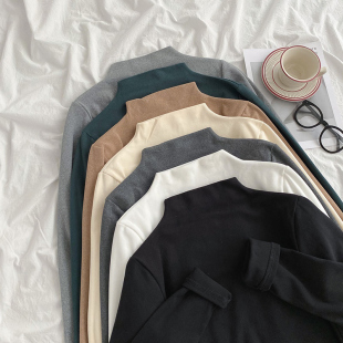 ins潮秋冬2020半高领上衣洋气双面德绒磨毛加绒保暖打底衫 女内搭