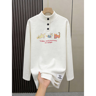 纯欲遮屁股加绒上衣潮 t恤中长款 超火cec德绒白色翻领打底衫 女长袖