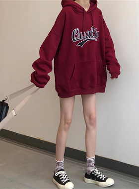 速发over连ize酒红色加绒卫衣宽松潮vi大ages帽港风t码外套