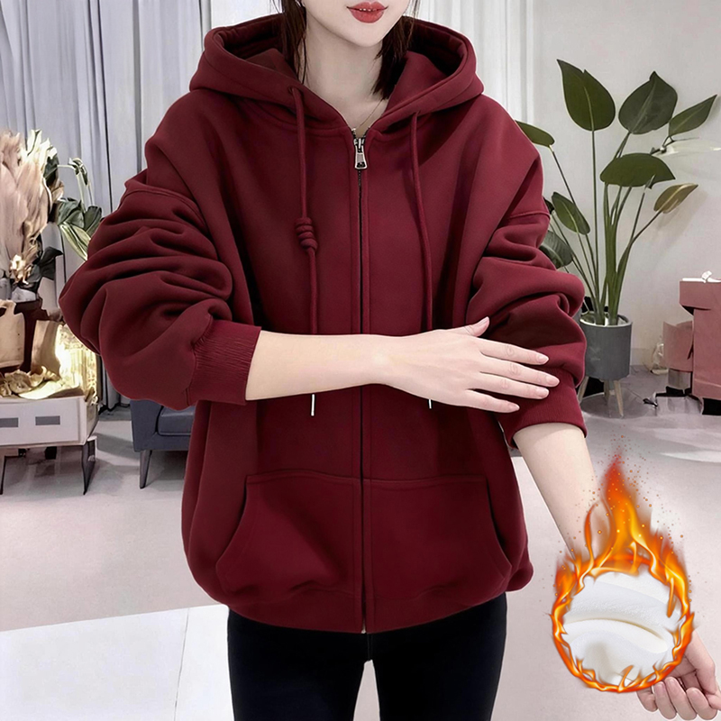 大码洋气加绒酒红色卫衣连帽ins