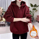 大码 显瘦带帽厚外套 洋气加绒酒红色卫衣女连帽ins轻熟高级感开衫