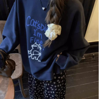 大码胖mm藏蓝色圆领卫衣女加绒