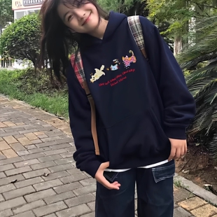 大码 宽松oversize小个子藏蓝色外套潮 连帽卫衣女秋冬加绒加厚美式