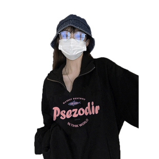 vintage大领口卫衣女Polo领大码宽松秋季薄款上衣ins潮设计感外套
