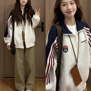 卫衣女宽松街头风外套ins 复古撞色拼接开衫 hiphop大码 高级感美式