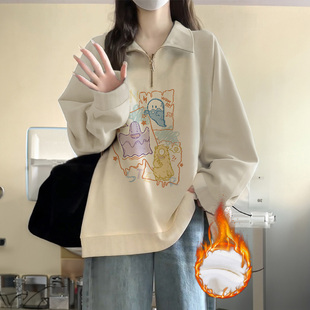 hiphop潮牌卡通卫衣女秋冬内搭加绒ins潮大码 翻领学院风外套上衣