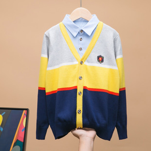 新款春款童装外套儿童男童开衫假两件全棉纯棉童装毛衣春秋冬装