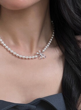 s925纯银轻奢小众丝带蝴蝶结施家珍珠项链女高级感锁骨