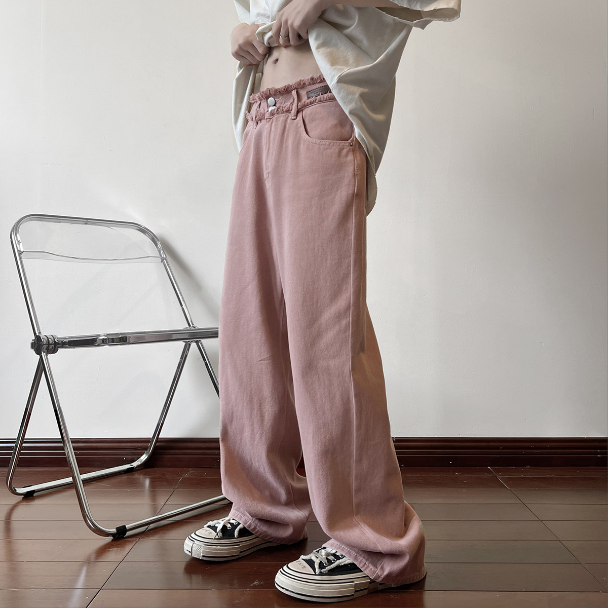 A165-K8218-P60控价75脏粉色直筒宽松阔腿裤休闲裤拖地裤男女潮流图片