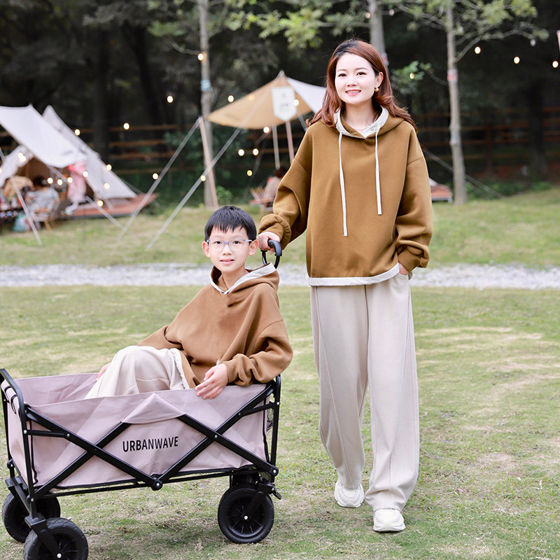 哲思凡亲子装早秋款新品母子母女装咖色撞色拼边加厚重磅连帽卫衣