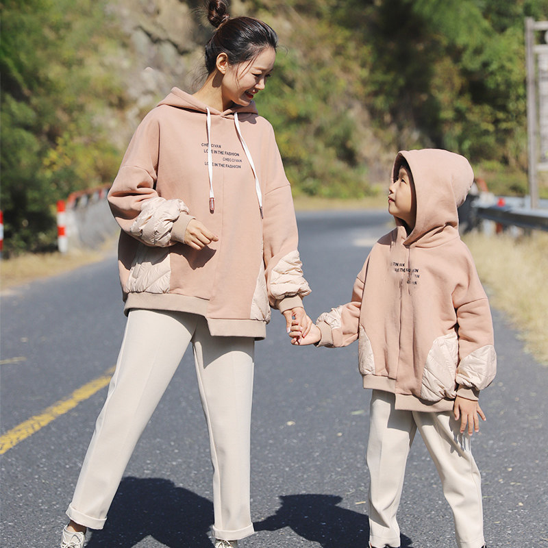 哲思凡亲子装秋装新款母子母女装针织拼加绒加厚连帽卫衣外套