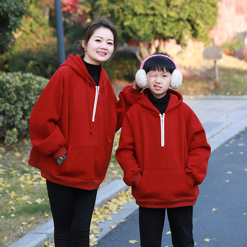 哲思凡亲子装冬季新母子母女装红色撞色半拉加绒重磅连帽卫衣外套