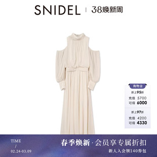 SNIDEL2026春夏新品优雅挖孔露肩收腰雪纺泡泡袖连衣裙SWFO261330