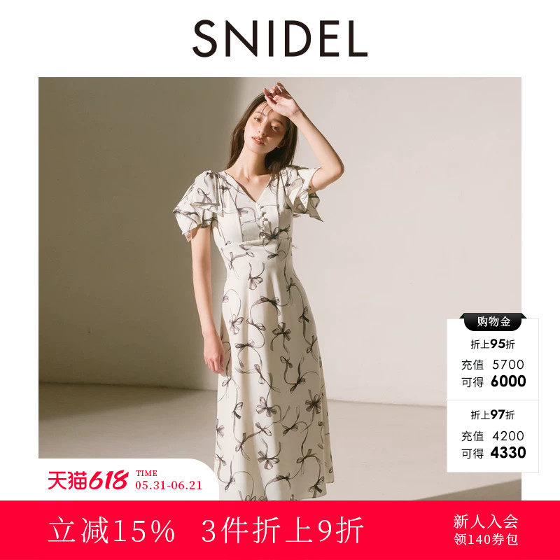 SNIDEL2025秋冬新品优雅V领短袖收腰蝴蝶结印花连衣裙SWFO254025