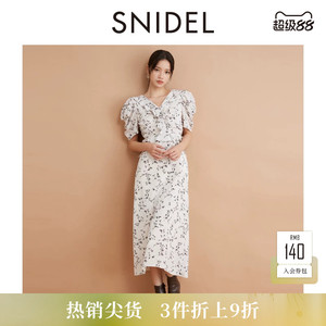 SNIDEL秋冬款泡泡袖V领荷叶边拼接印花连衣裙SWFO244074