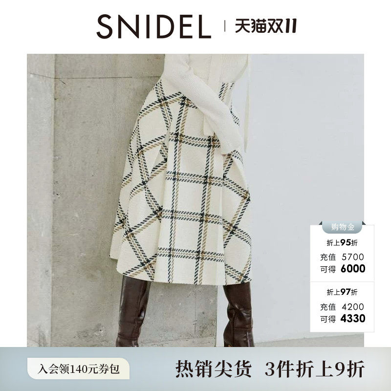 SNIDEL秋冬款高腰中长款压褶A字经典格纹半身裙SWFS254144
