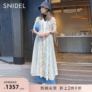 甜美仙女V领蕾丝拼接抽褶棉连衣裙SWFO231077 SNIDEL春夏款